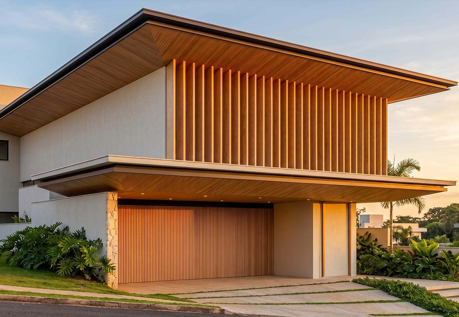 Volume em balanço com brises de madeira e entrada de garagem iluminada