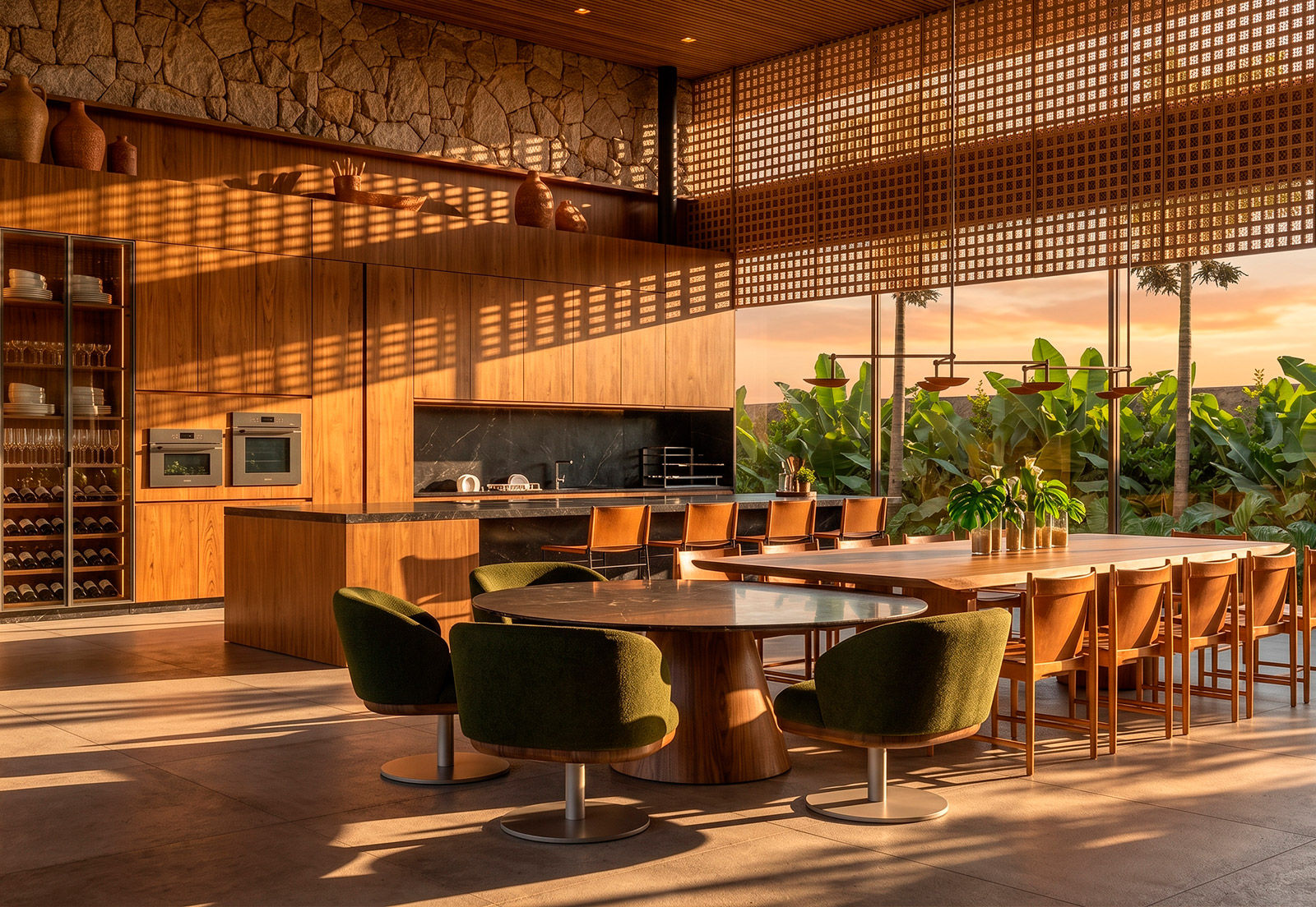 Cozinha da área gourmet com marcenaria em madeira, adega e parede de pedra natural