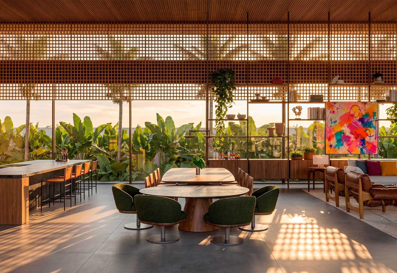 Área gourmet integrada da Casa Serra Azul com mesa redonda, bancada e cobogós de madeira ao entardecer