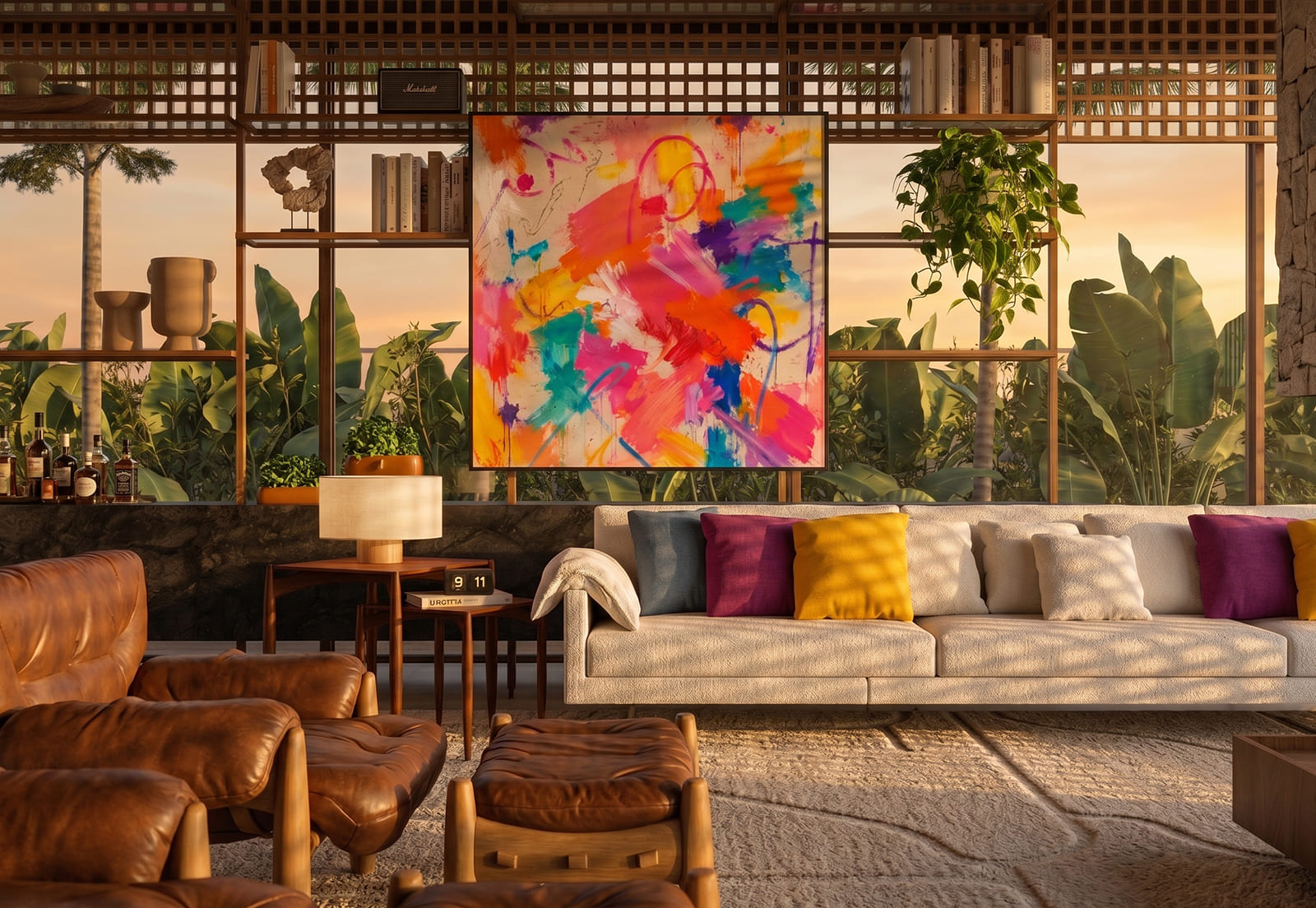 Sala de estar da Casa Serra Azul com arte colorida, sofá claro e poltronas de couro em render fotorrealista