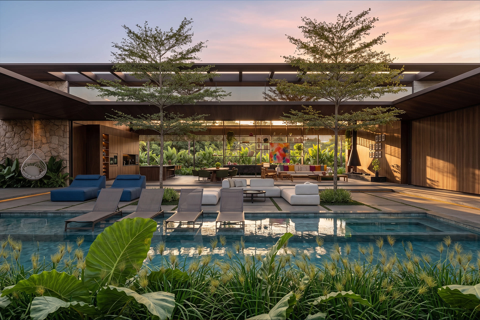 Fachada ao entardecer — Residência Travertino