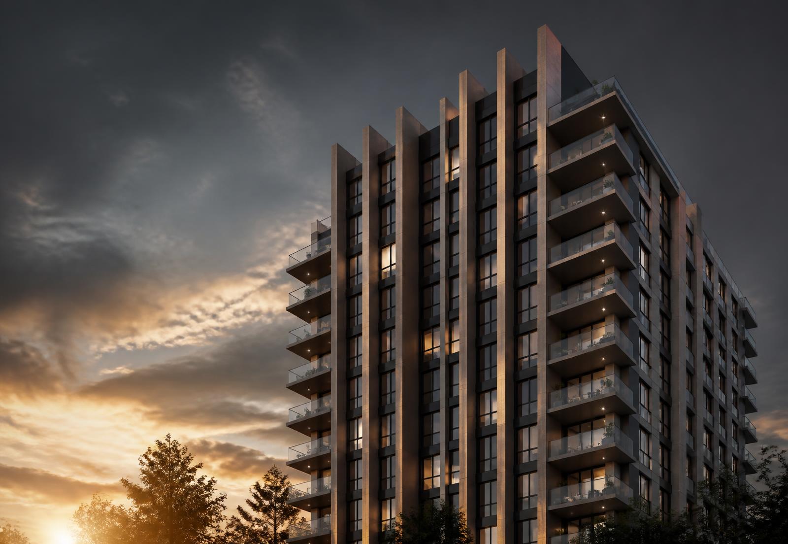 Fachada de torre residencial contemporânea em render fotorrealista